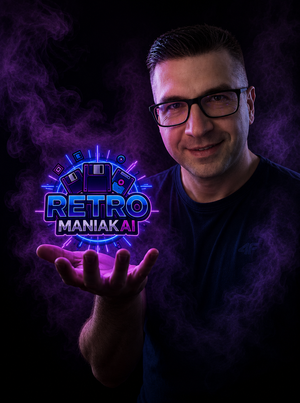 Portret Retro Maniak AI z neonowym logo marki unoszącym się na dłoni